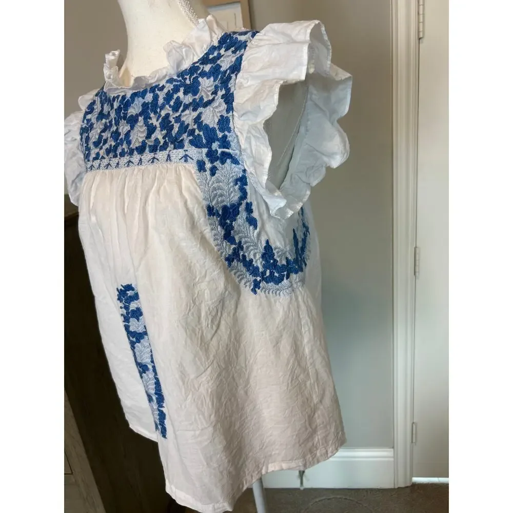 j. marie | White/Blue Embroidered Floral Ruffle Sleeve Peasant Top | SM - Picture 6 of 10